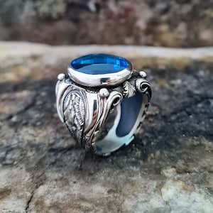 Aquamarine Stone Ring Sterling Zilver, Handgemaakte Silver Man Ring, unieke sieraden, gratis express verzending