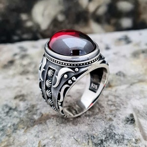 CZ Garnet Ring Sterling Silver, Handgemaakte Silver Man Ring, Unieke sieraden, gratis express verzending