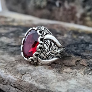 Kubieke Zirconia Garnet Stone Ring Sterling Zilver, Handgemaakte Silver Man Ring, unieke sieraden, gratis express verzending