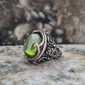 CZ Peridot Ring Sterling Zilver, Handgemaakte Silver Man Ring, Unieke sieraden, gratis express verzending