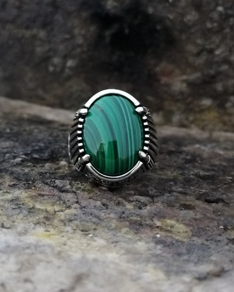 Handmade 925 Sterling Silver Men/'s Ring With Natural Malachite Stone