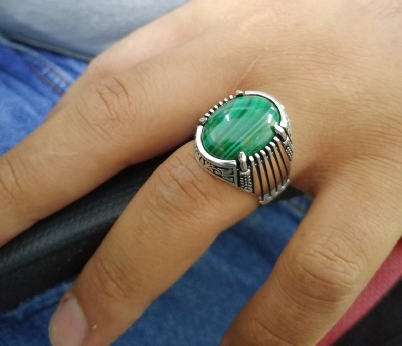 Handmade 925 Sterling Silver Men/'s Ring With Natural Malachite Stone