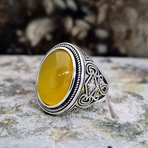 Gele Agate Ring Sterling Zilver, Handgemaakte Silver Man Ring, unieke sieraden, gratis express verzending