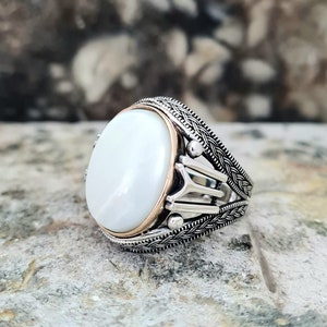 Moeder van Pearl Ring Sterling Zilver, Handgemaakte Silver Man Ring, Unieke sieraden, gratis express verzending