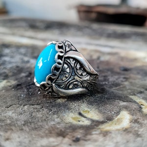 Howlite Turquoise Stone Ring Sterling Silver, Handgemaakte Silver Man Ring, Unieke sieraden, gratis express verzending