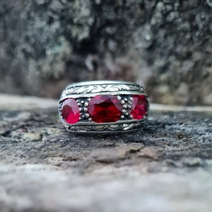 CZ Ruby Stone Ring sterlingzilver, handgemaakte zilveren manring, unieke sieraden, gratis expresverzending