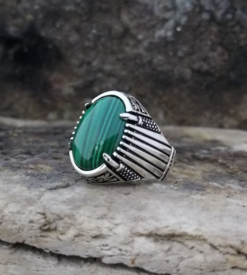 Handmade 925 Sterling Silver Men/'s Ring With Natural Malachite Stone