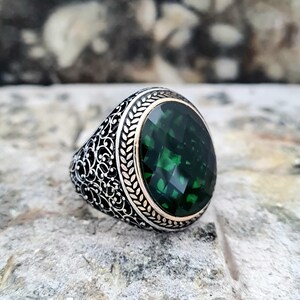 Groene Zirconia Ring Sterling Zilver, Handgemaakte Silver Man Ring, Unieke sieraden, gratis express verzending