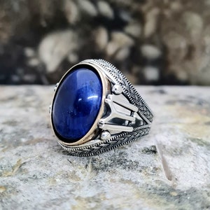 Blue Cats Eye-ring sterlingzilver, handgemaakte zilveren manring, unieke sieraden, gratis expresverzending