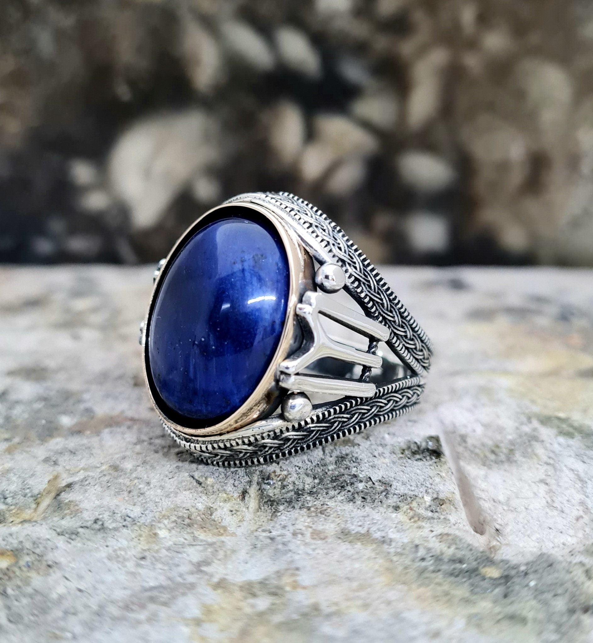 Blue Cats Eye Ring Sterling Silver,handmade Silver Man Ring
