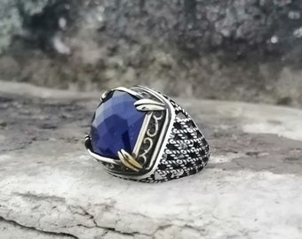 Handmade Silver Men's Ring With Cubic Zircon Sapphire Stone