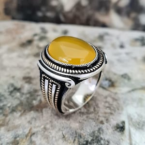 Gele Agate Gemstone Handgemaakte Sterling Silver Mens Ring, Vitange Style Ring, unieke sieraden, gratis express verzending