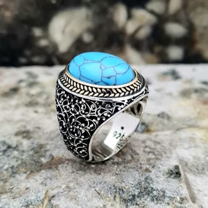 Howlite Turquoise Ring Sterling Silver, Handgemaakte Silver Man Ring, Unieke sieraden, gratis express verzending