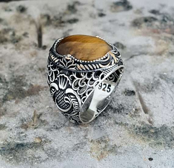 Men Handmade Silver Ring, Tiger Eye Oval Gemstone Mens Ring, 925 