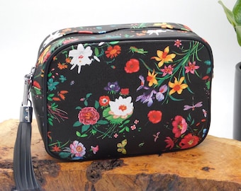 Black Floral Crossbody Bag: Vegan Faux Leather Bag With Adjustable Strap
