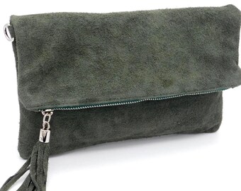 Dark Green Leather Bag, Fold-Over leather Bag, genuine Suede Leather Bag, Green Crossbody Bag, Real Leather Bag, Green Suede Bag, Shoulder
