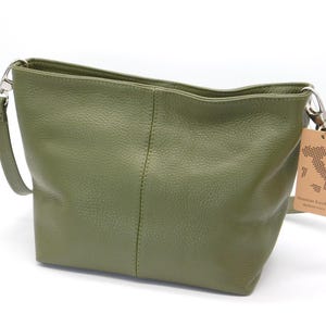 Khaki Green Leather Shoulder Bag | Genuine Leather Handbag | Genuine Italian Leather | Pebbled Leather | Olive Green Large Leather Handbag