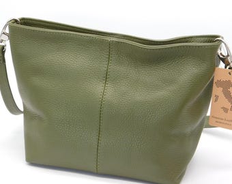 Italian Leather Shoulder Bag: Khaki Green Pebbled Crossbody