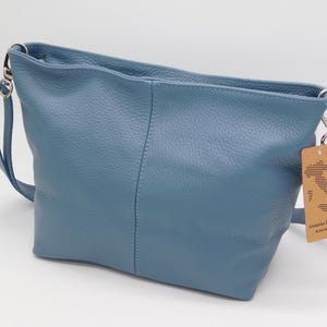 Dusty Blue Leather Shoulder Bag | Genuine Leather Handbag | Genuine Italian Leather | Pebbled Leather | Blue Large Leather Handbag