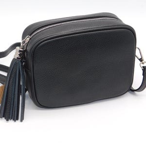 Sara Black Leather Cross body Bag. Genuine Italian Pebbled Leather.