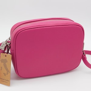 Sara Cerise Pink Leather Cross body Bag. Genuine Italian Pebbled Leather Magneta Pink.