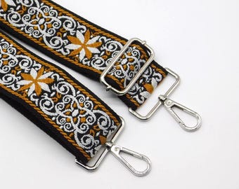 Black & Mustard Yellow Paisley Pattern Adjustable Bag Strap: Silver Hardware