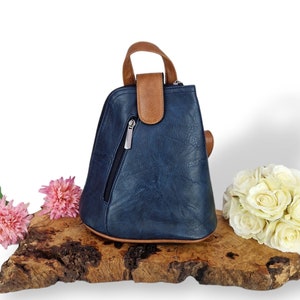 Mini sac à dos bleu marine et marron | Petit sac à dos chic et mignon | Sac de voyage | Double sac à dos et sac à bandoulière.