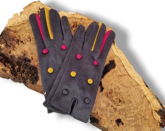 Touchscreen Fleece Gloves: Button Accent, Micro Velvet Lined