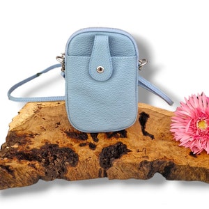 Bolso de teléfono de cuero crossbody azul cielo/bolso de teléfono de cuero de bolsa, bolso de iPhone de cuero genuino, cartera de teléfono de hombro, bolso de viaje.