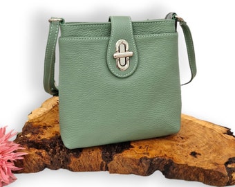 Sage green Leather Toggle Cross body Bag. Genuine Italian Leather Shoulder Bag.