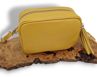 Sara Mustard Yellow Leather Cross body Bag. Genuine Italian Pebbled Leather.