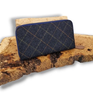 Monedero de tweed azul marino, bolso vintage redondo con cremallera, patrón de tartán, forastero, bolso de tweed, cartera de embrague, bolso grande.