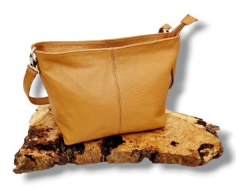 Tan Brown White Leather Shoulder Bag | Genuine Leather Handbag | Genuine Italian Leather | Pebbled Leather | Brown Large Leather Handbag