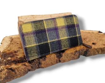 Yellow and Black Tweed Purse, Zip Round Vintage Purse, Tartan Pattern, Outlander, Tweed Purse, Clutch Wallet, Large Purse.