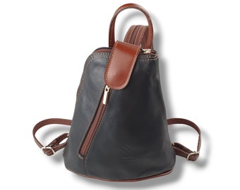 Mini sac à dos en cuir noir et marron, sac à dos en cuir, mini sac en cuir, cadeau en cuir fait main