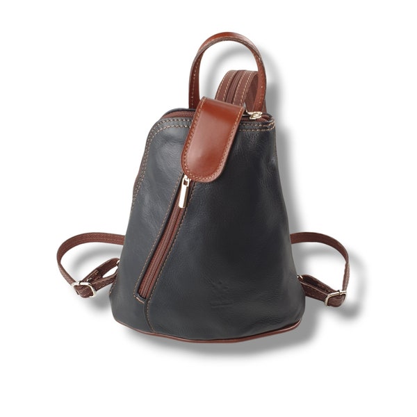 Mini Black & Brown Leather Backpack, Leather Backpack, Mini Leather Bag, Handmade Leather Gift