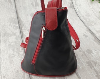 Mini Italian Leather Backpack: Black and Red Womens Rucksack