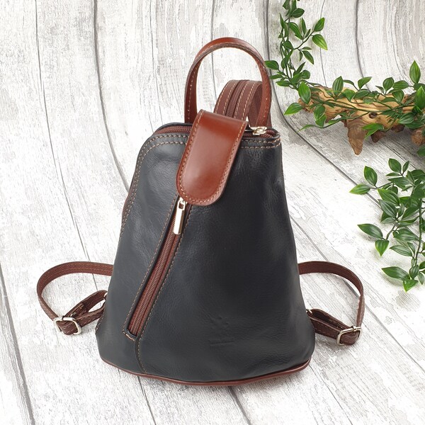 Mini Black & Brown Leather Backpack, Leather Backpack, Mini Leather Bag, Handmade Leather Gift