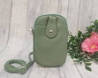 Sage Green Crossbody Leather Phone Bag/Pouch Leather Crossbody Phone Bag, Genuine Leather Iphone Purse, Shoulder Phone Wallet, Travel Purse.