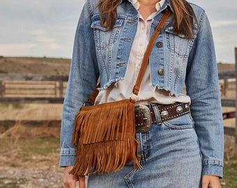 Handcrafted Genuine Italian Leather Suede Fringe Crossbody Bag | Boho Western Shoulder Purse | Tan Cognac Statement Handbag.