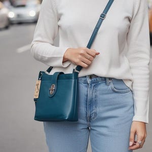 Teal Italian Leather Crossbody Bag: Silver Hardware Toggle Closure