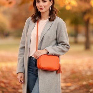 Sara Orange Leather Cross body Bag. Genuine Italian Pebbled Leather.