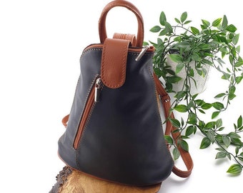 Mini Dark Blue & Brown Leather Backpack | Cute Navy Rucksack.