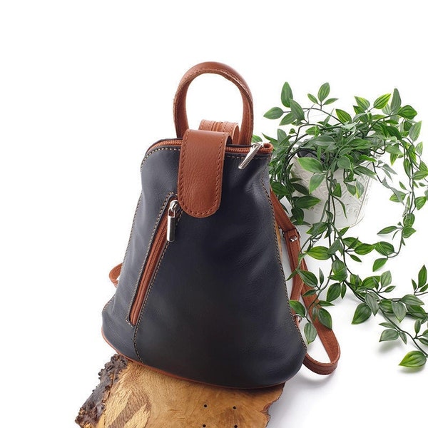 Mini Dark Blue & Brown Leather Backpack | Cute Navy Rucksack.