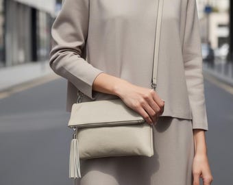Italian Leather Crossbody Bag: Stone Cream Fold-Over Clutch