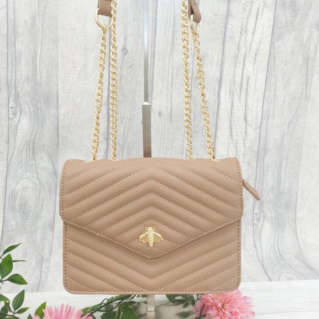 Quilted Cross Body Chain Strap Shoulder Bag Beige Crossbody Etsy