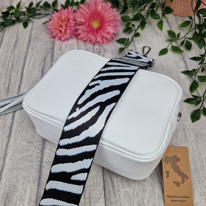 Sara White Leather Cross body Bag. Genuine Italian Pebbled Leather. Zebra Strap