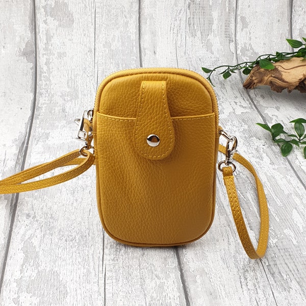 Mustard Yellow Crossbody Leather Phone Bag | Phone Pouch | Genuine Leather Iphone Purse, Shoulder Phone Wallet, Travel Purse.