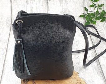 Black Leather Tassel Cross body Shoulder Bag.