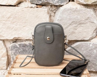 Dark Grey Italian Leather Crossbody Phone Bag: Silver Hardware